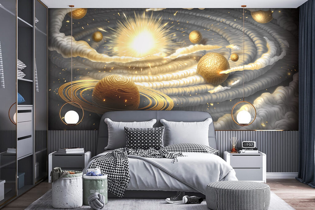 Planetas dourados entre nuvens — interior 1