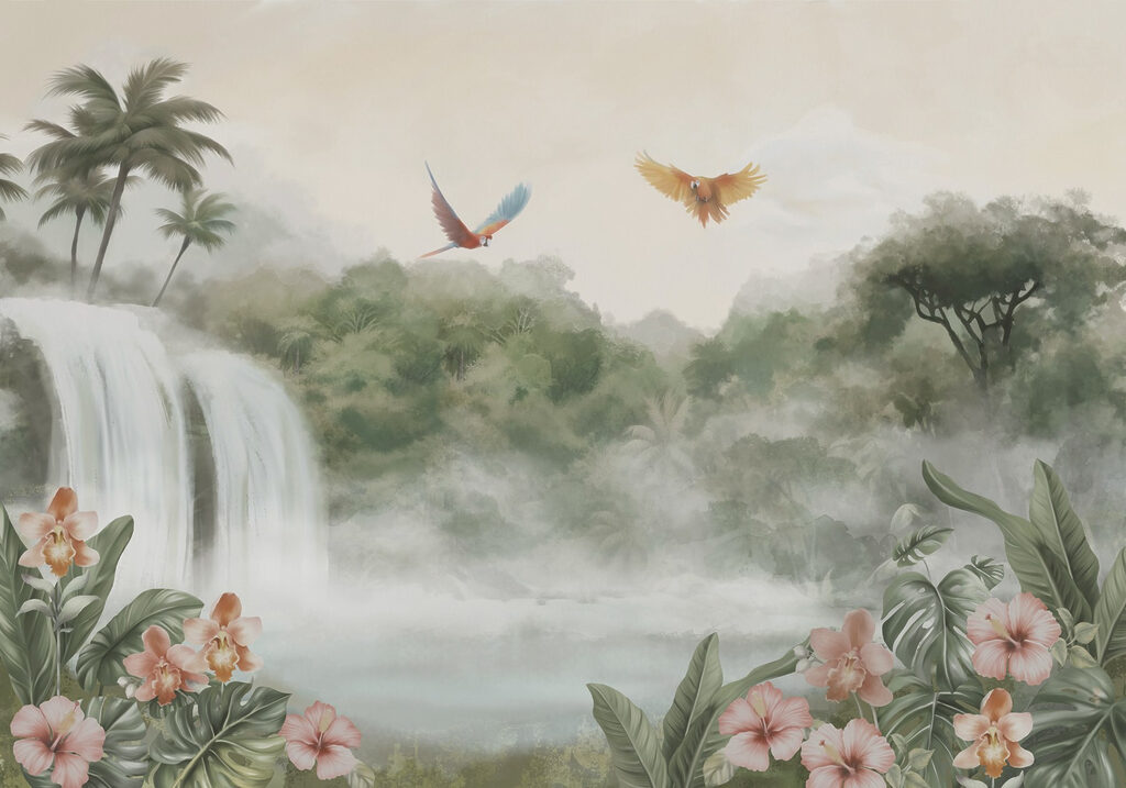 Cascata entre aves tropicais — design completo