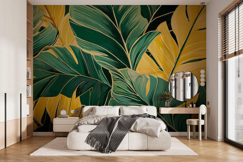 Folhas douradas em verde-escuro num interior