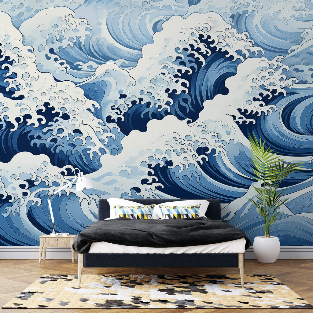 Ondas azuis com espuma num interior