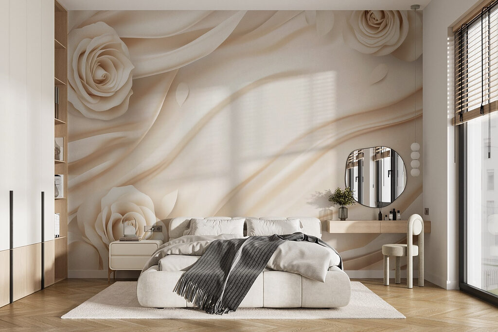 Rosas em curvas brancas num interior