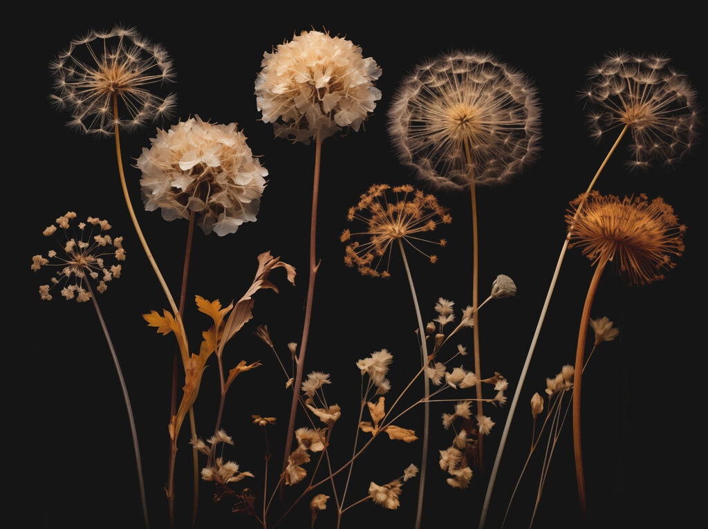 Flores secas à noite — design completo