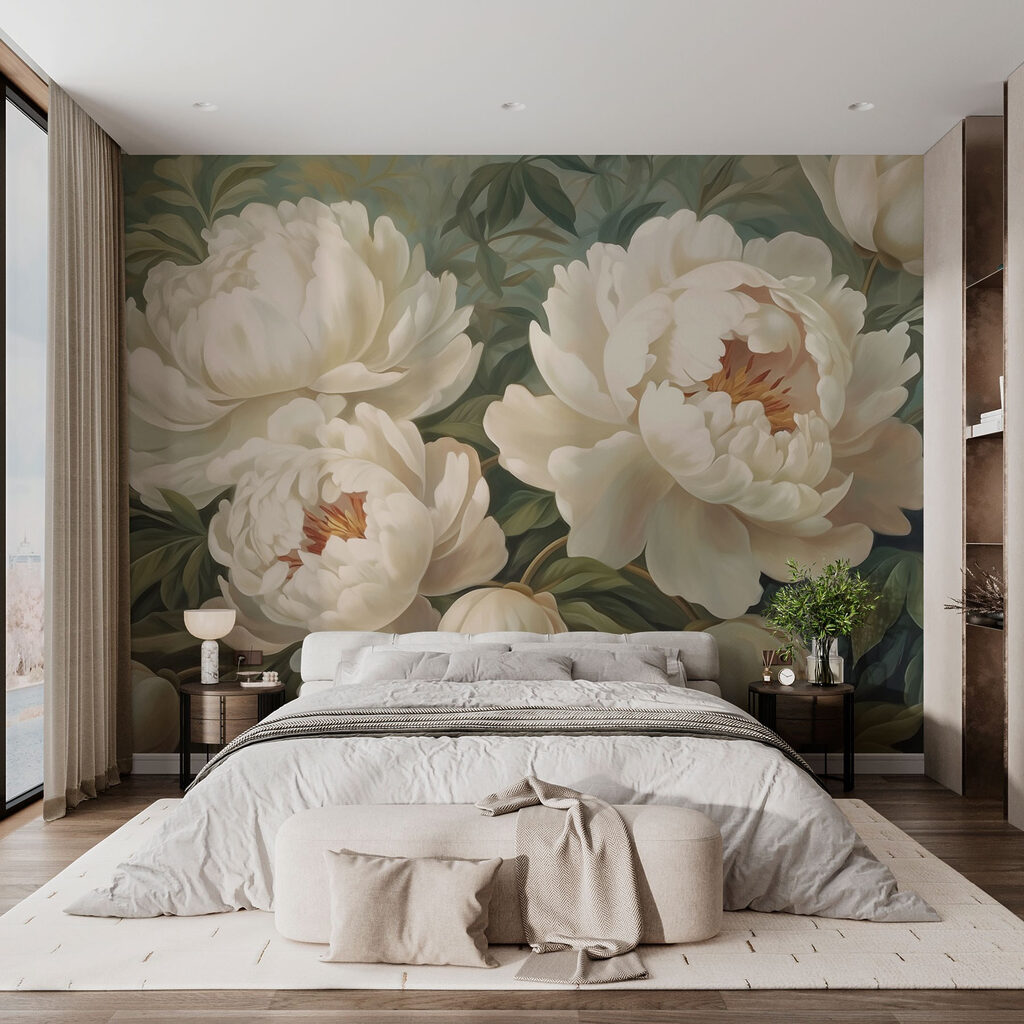 Flores creme sobre verde-acinzentado num interior