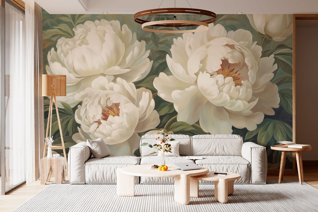 Flores creme sobre verde-acinzentado — interior 2