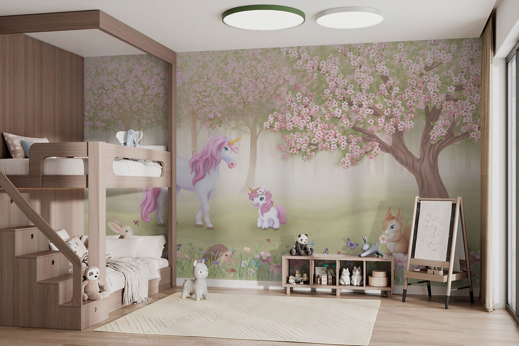 Unicórnios sob flores rosa — interior 5