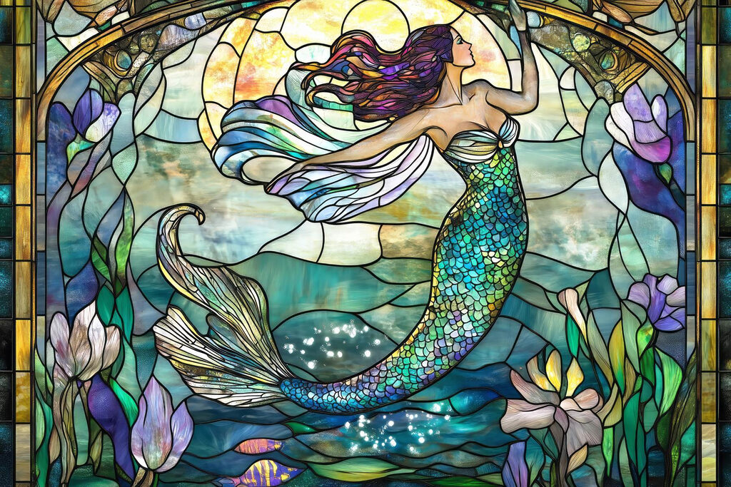 Sereia em vitral colorido — design completo