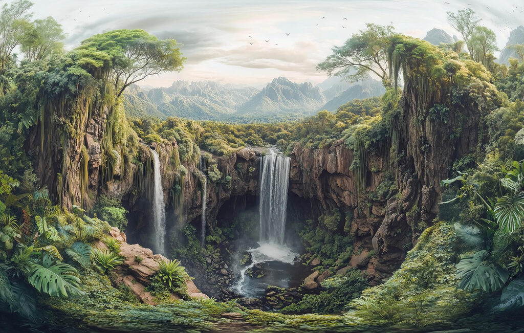 Cascata entre rochas arborizadas — design completo