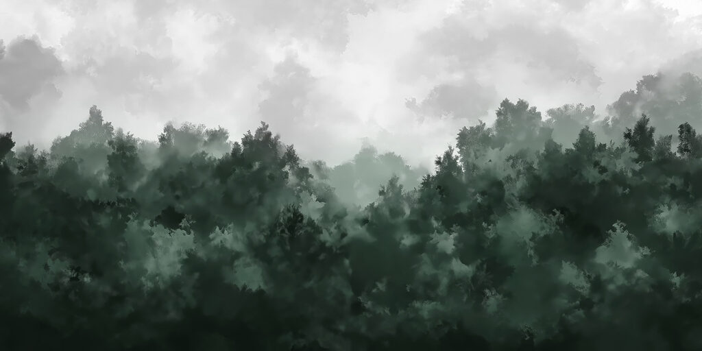 Bosque verde sob nuvens — design completo
