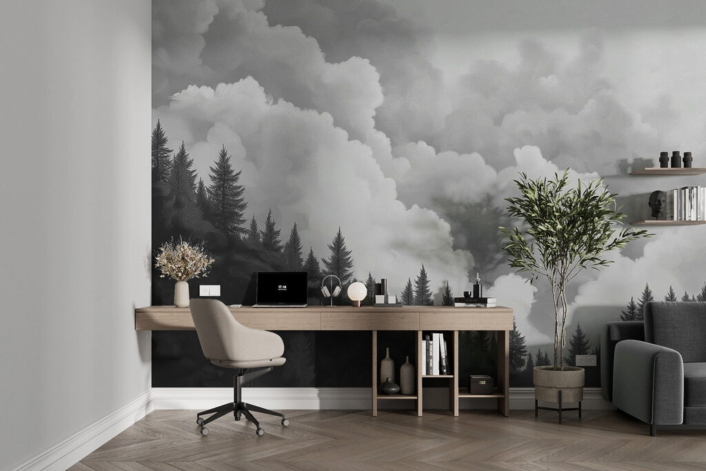 Pinheiros sob nuvens altas — interior 3