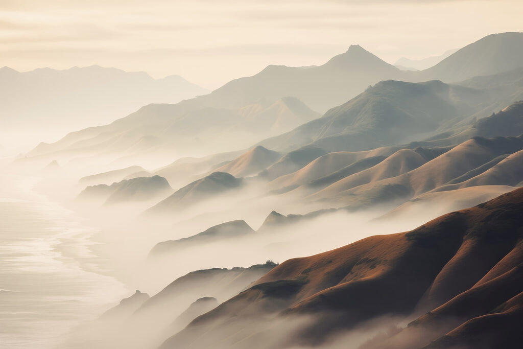 Névoa dourada sobre montanhas — design completo