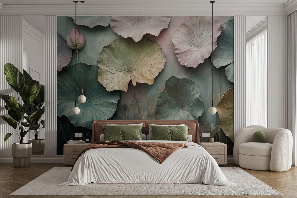 Folhas redondas e flores num interior