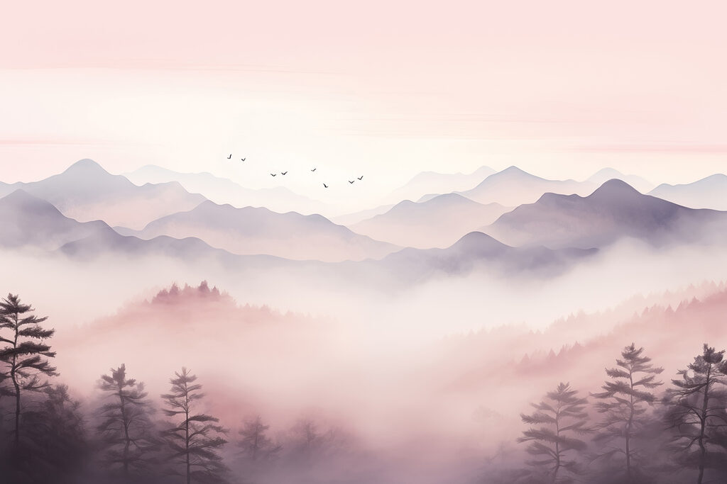 Montanhas em névoa rosa — design completo