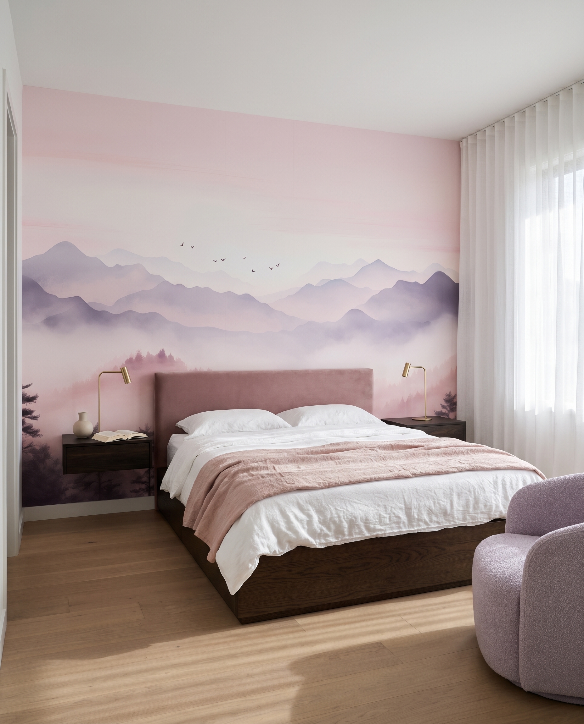 Montanhas em névoa rosa num interior