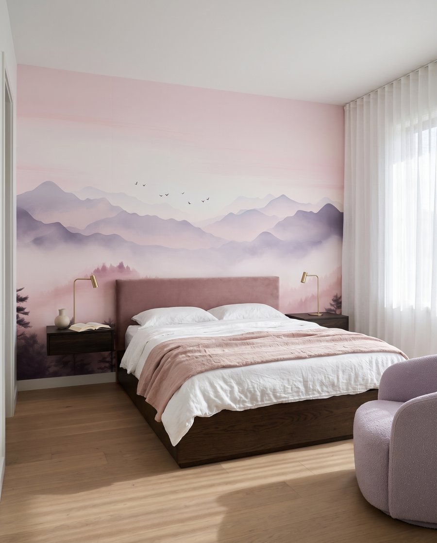 Montanhas em névoa rosa num interior