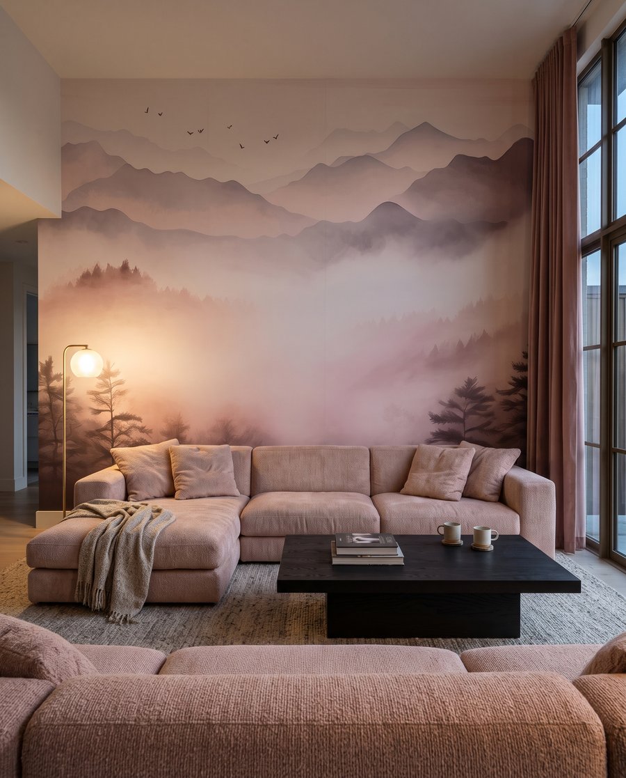 Montanhas em névoa rosa num interior