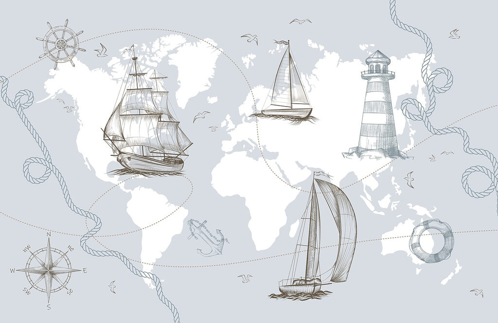 Mapa-múndi com navios — design completo