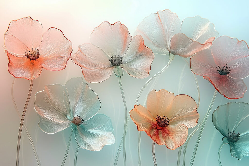 Flores transparentes em verde-menta — design completo