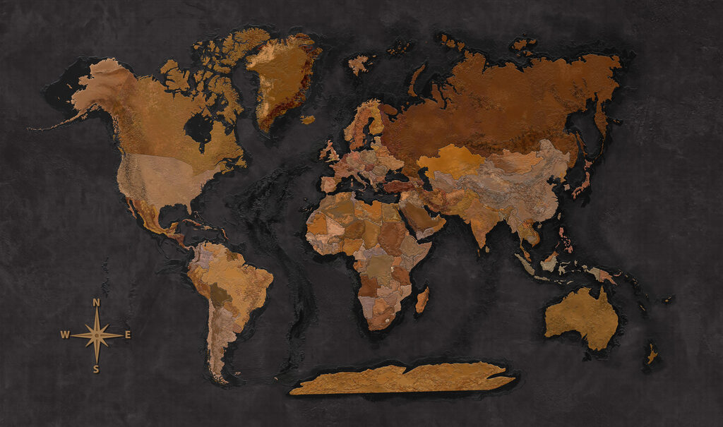 Mapa-múndi com brilho metálico — design completo