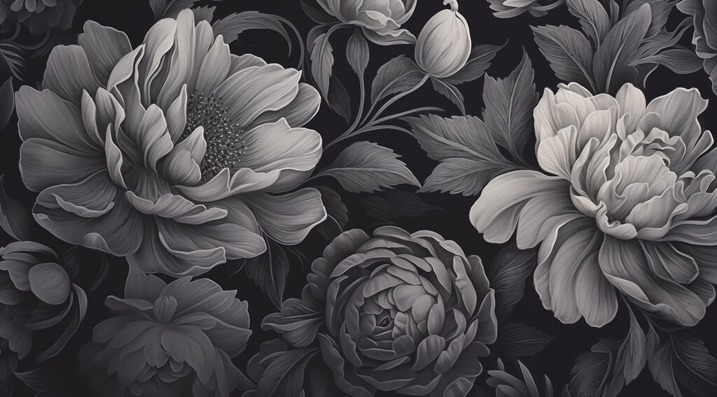 Flores cinzentas sobre preto — design completo