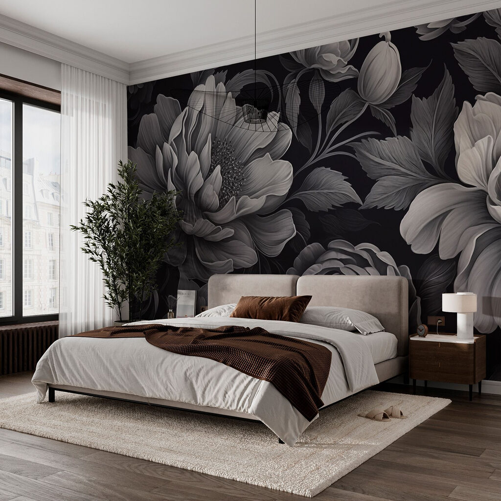 Flores cinzentas sobre preto — interior 1