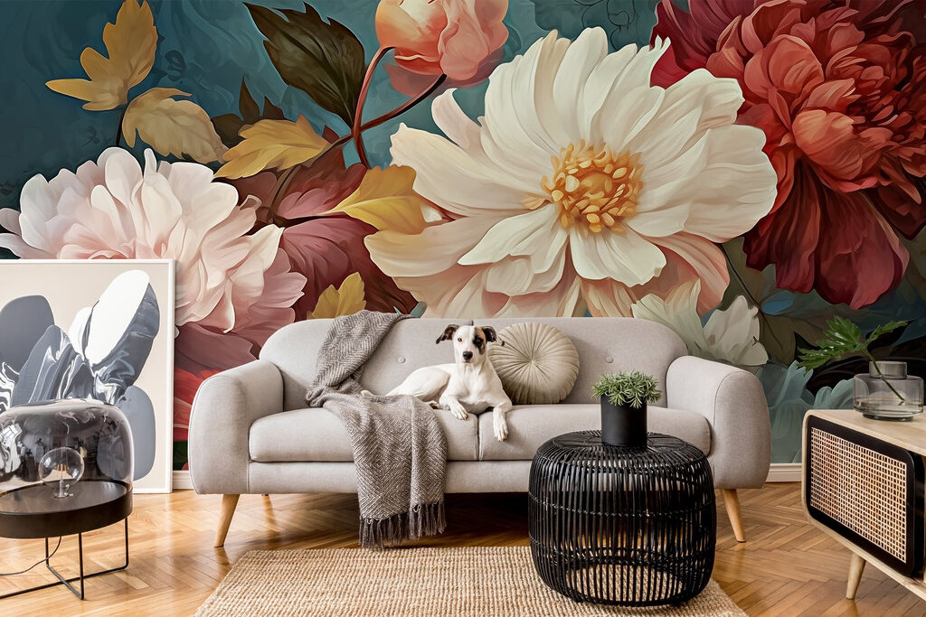 Flores creme em verde-petróleo — interior 1