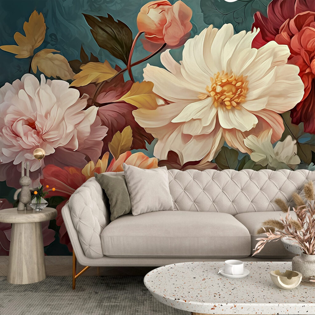 Flores creme em verde-petróleo — interior 2