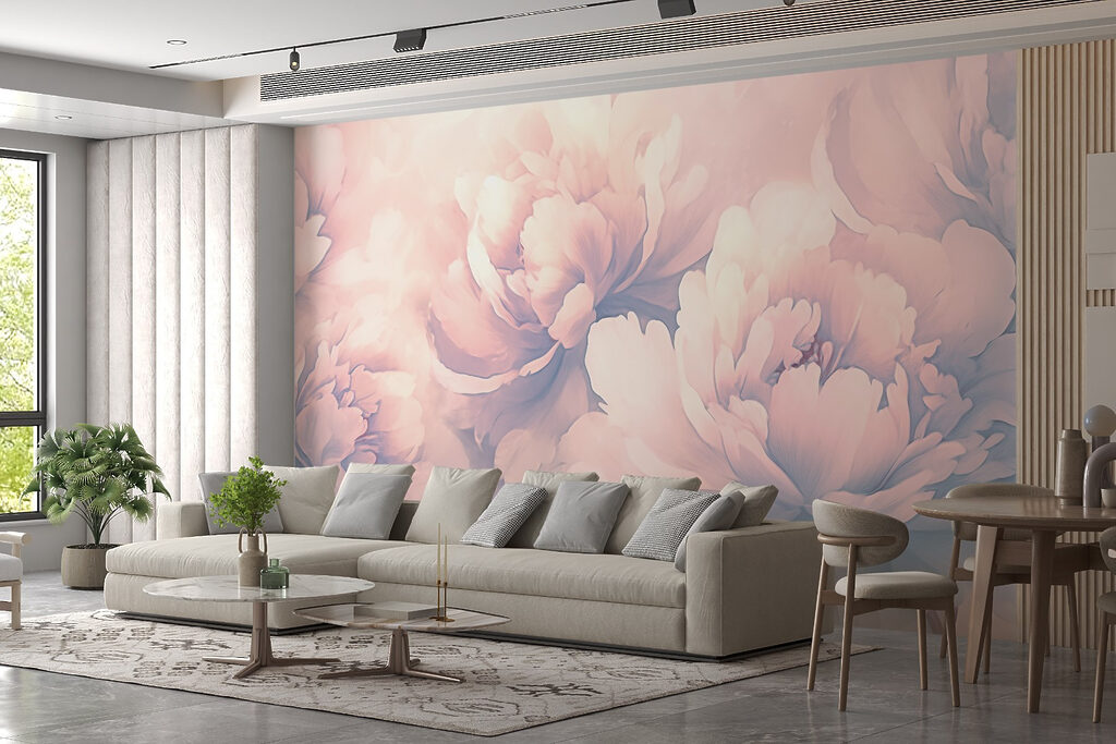 Peónias cor-de-rosa em névoa num interior
