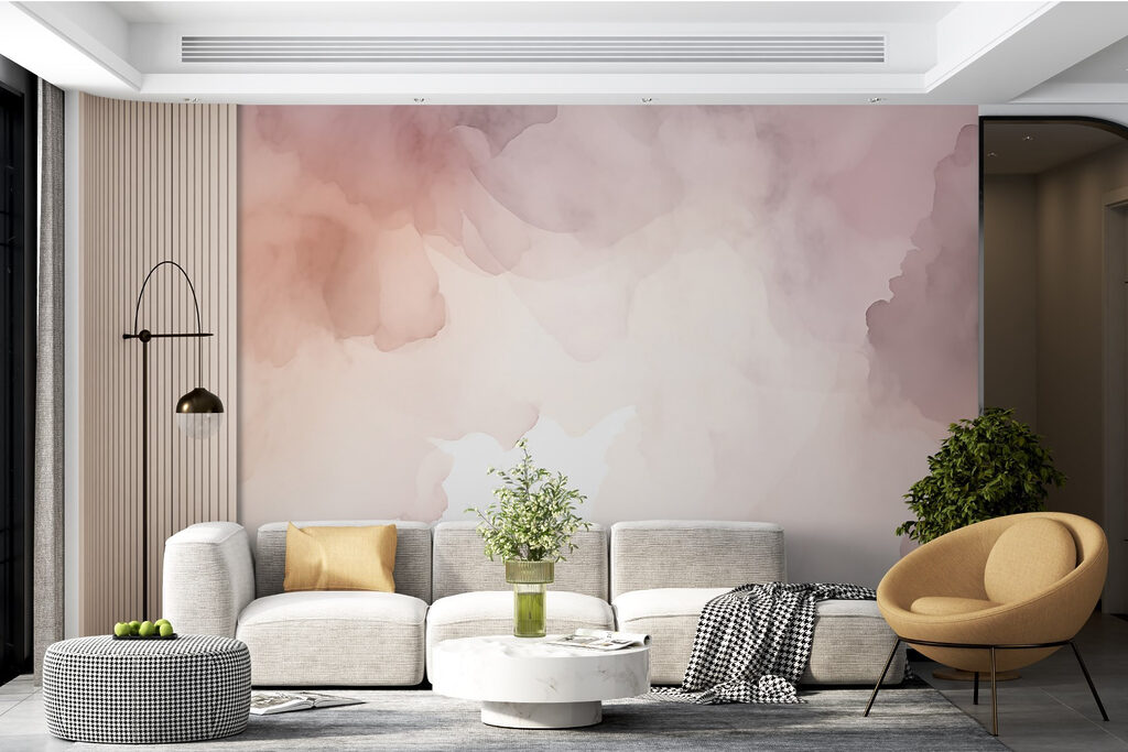 Nuvens rosa em aguarela num interior