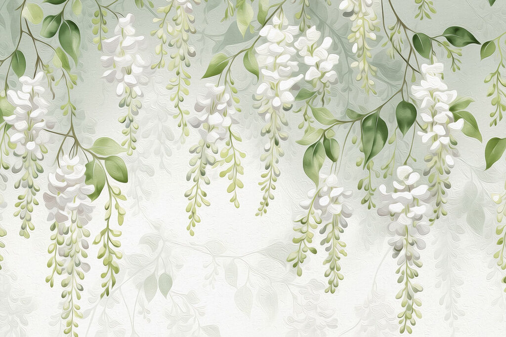 Cachos brancos entre folhas — design completo