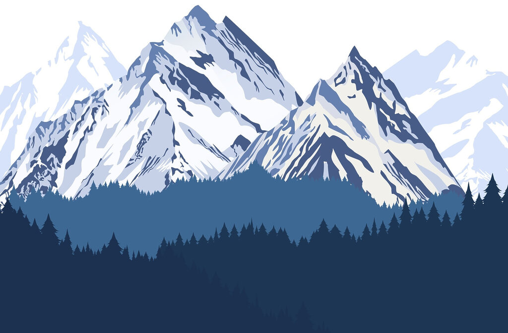 Montanhas nevadas sobre pinheiros — design completo