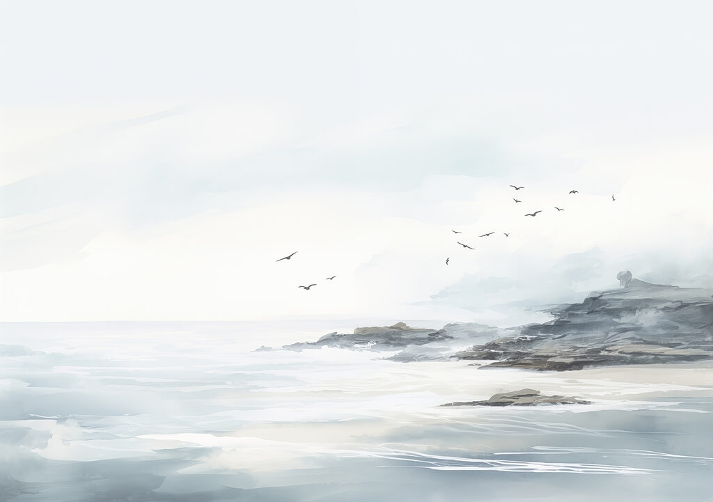 Aves sobre costa cinzenta — design completo