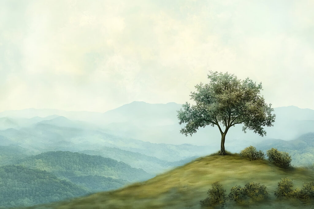 Árvore solitária sobre montanhas — design completo