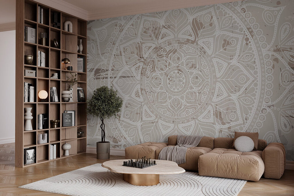 Mandala branca sobre bege — interior 1