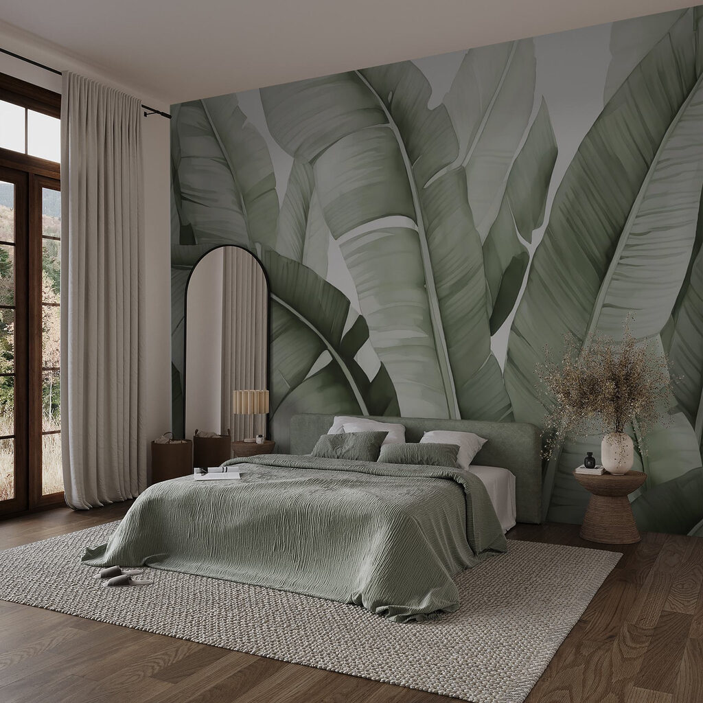 Folhas grandes em cinzento-esverdeado num interior