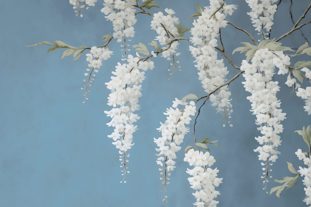 Bloesmo branco sobre azul-aço — design completo