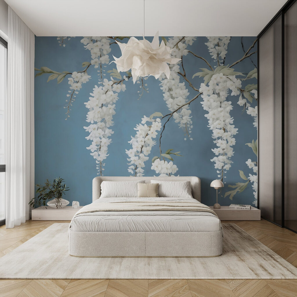 Bloesmo branco sobre azul-aço — interior 1