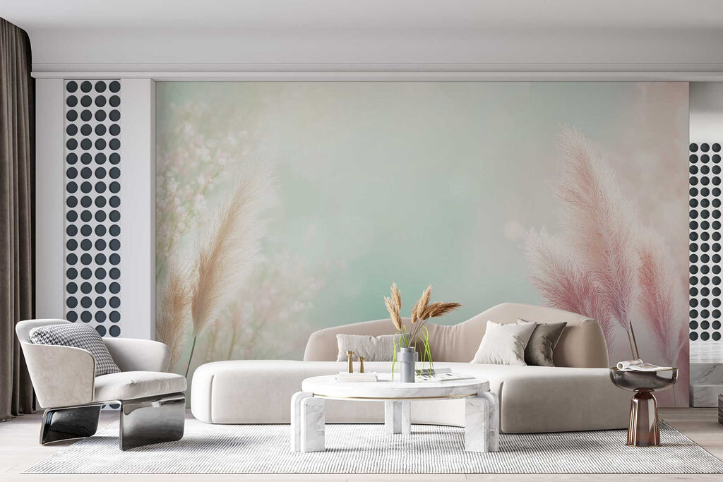 Pendões cor-de-rosa sobre verde — interior 1