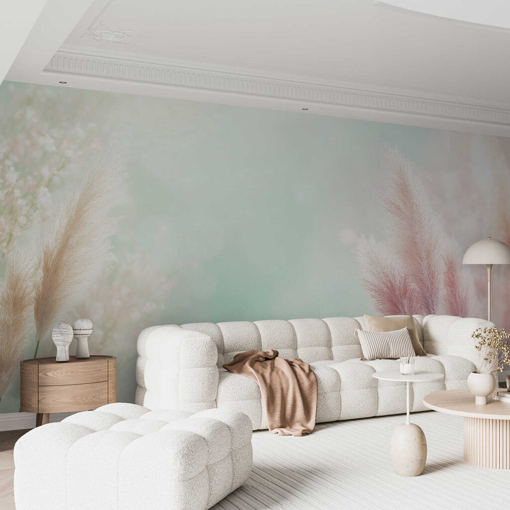 Pendões cor-de-rosa sobre verde — interior 2