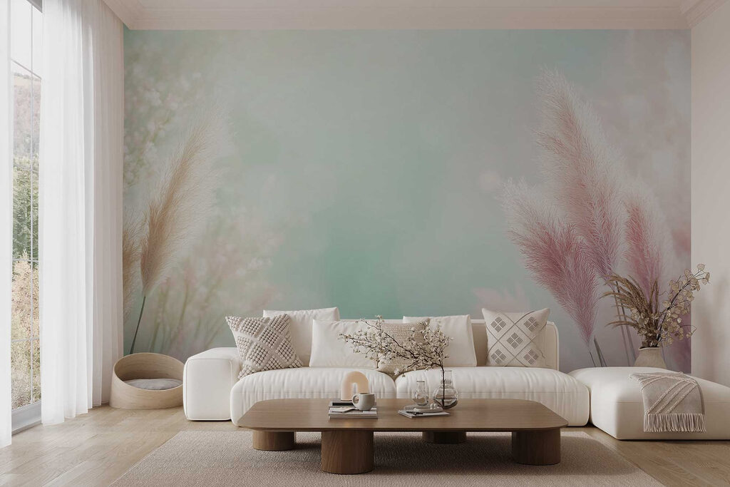 Pendões cor-de-rosa sobre verde — interior 3