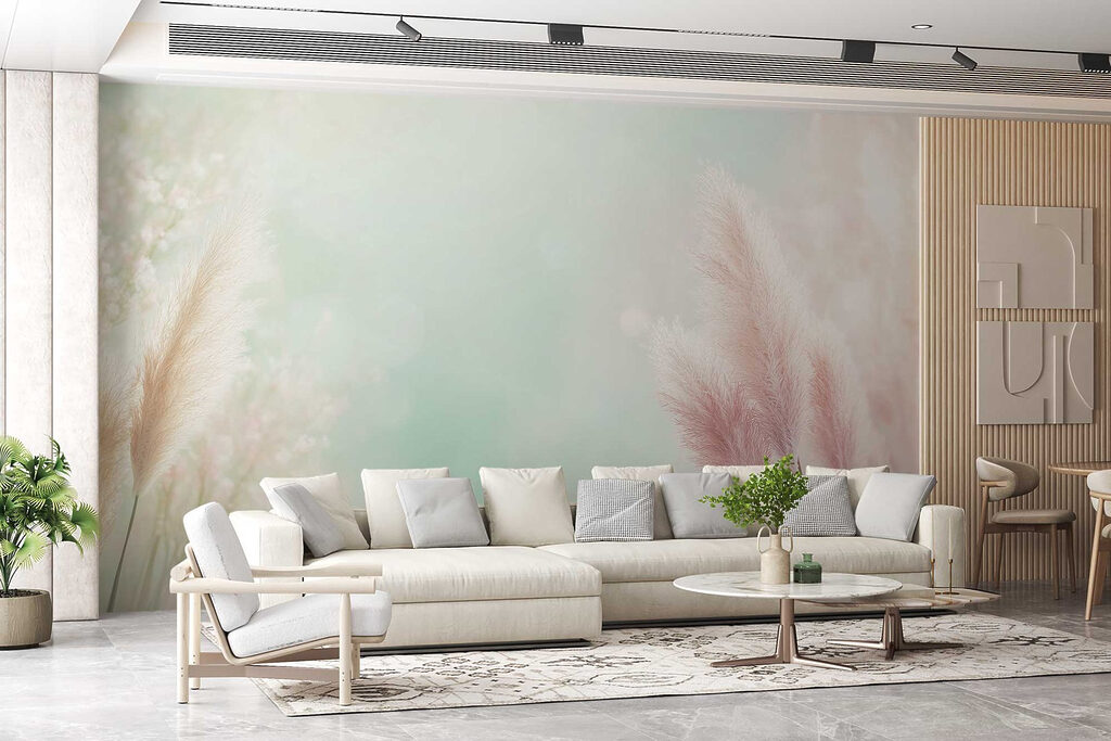 Pendões cor-de-rosa sobre verde — interior 4