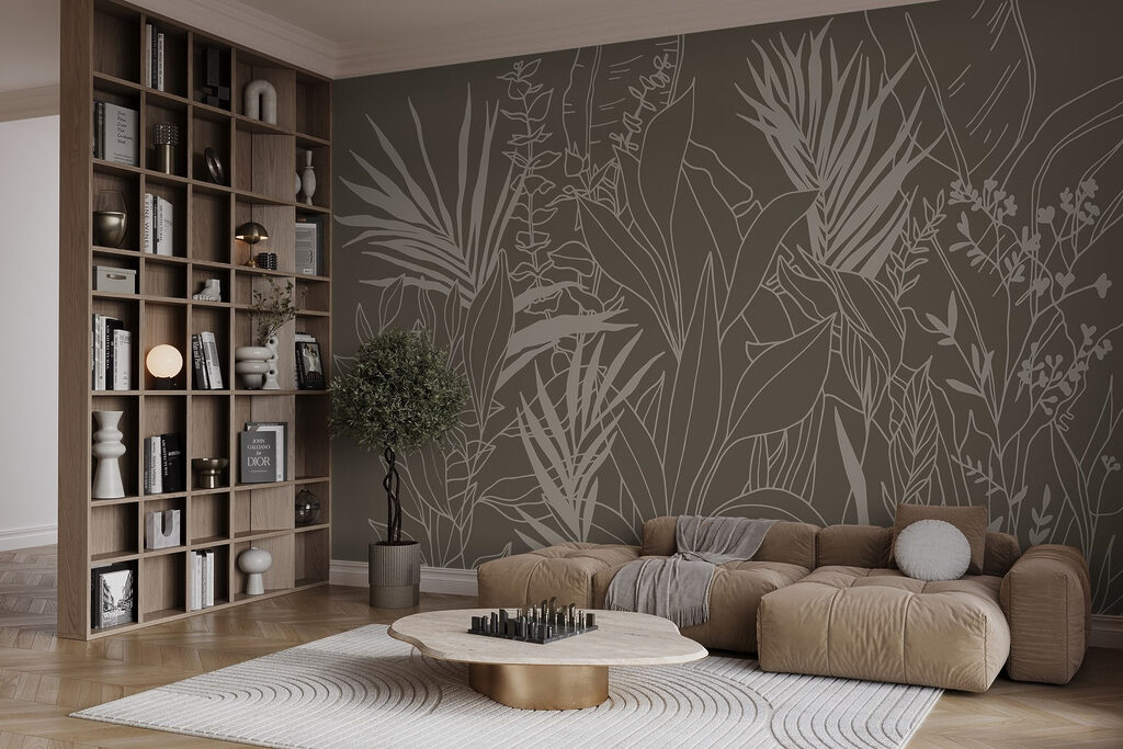 Ramos tropicais em linhas num interior