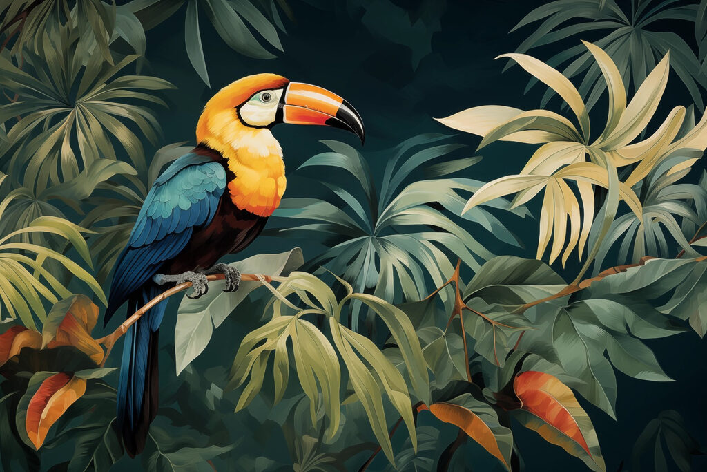 Tucano entre folhas douradas — design completo