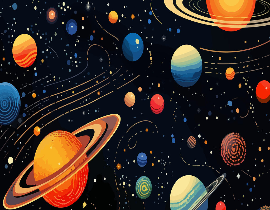 Planetas em órbitas douradas — design completo