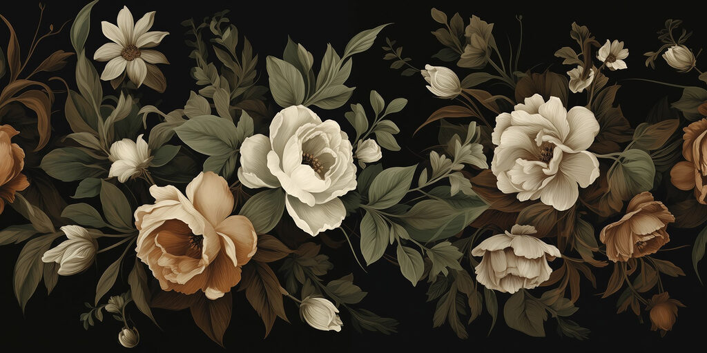 Flores antigas sobre preto — design completo