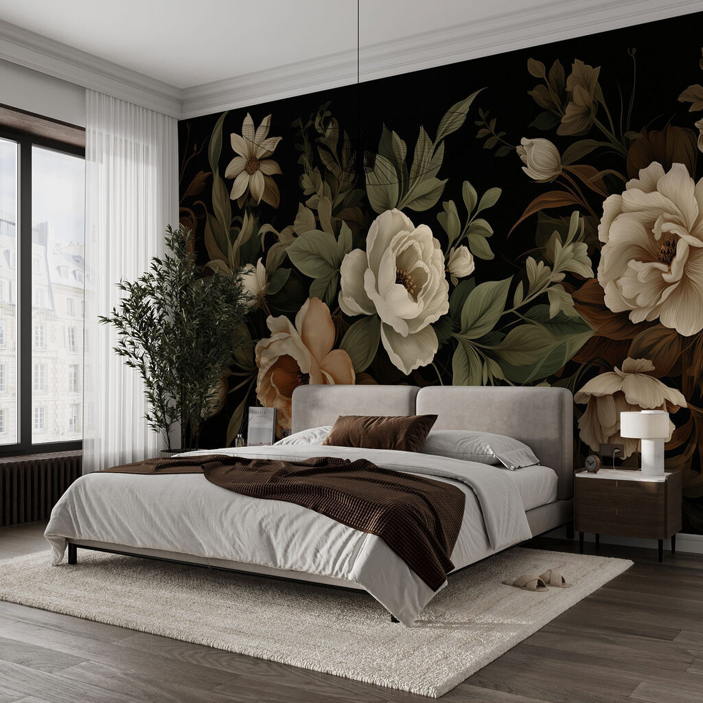 Flores antigas sobre preto num interior