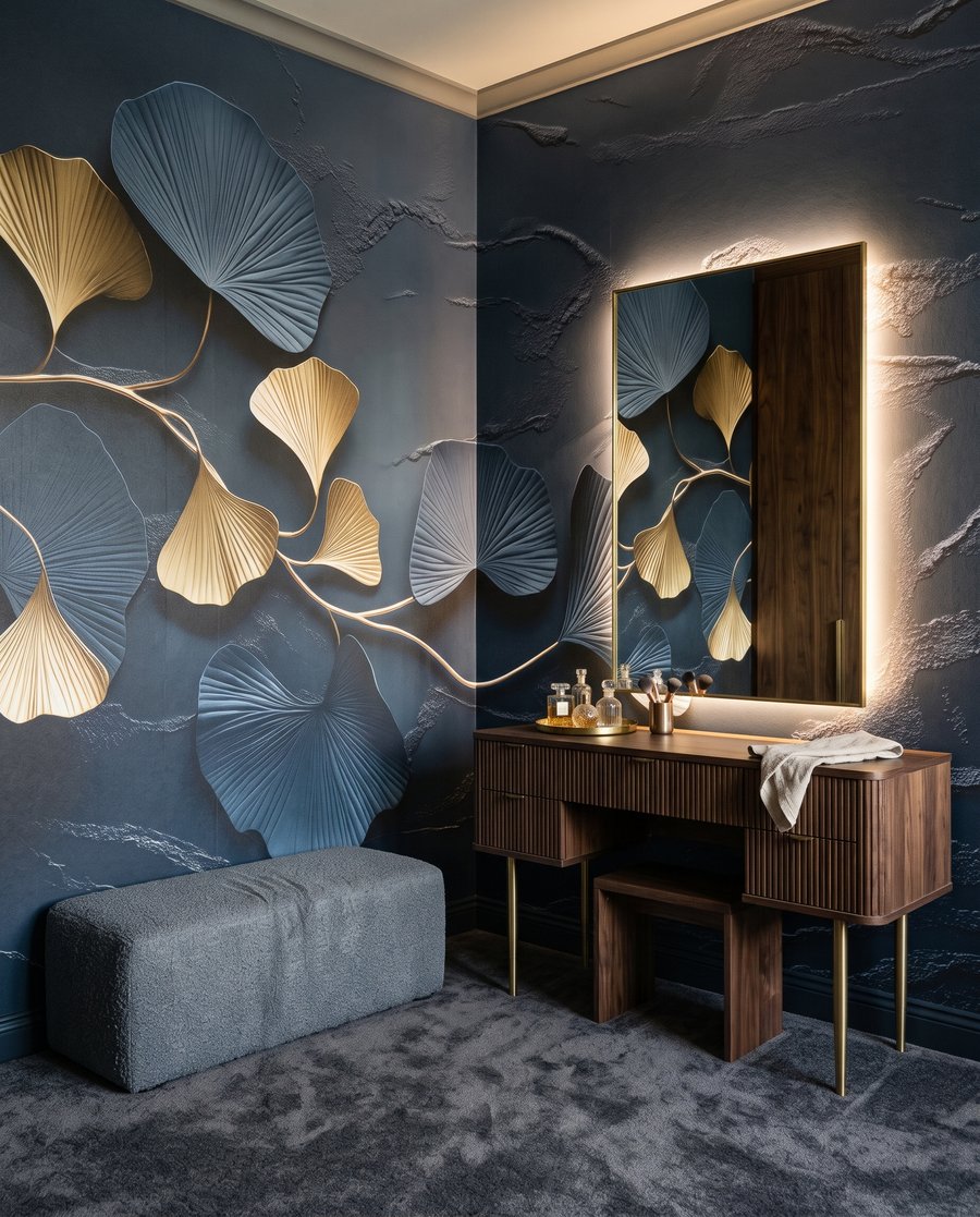 Leques dourados sobre azul-noite — interior 1