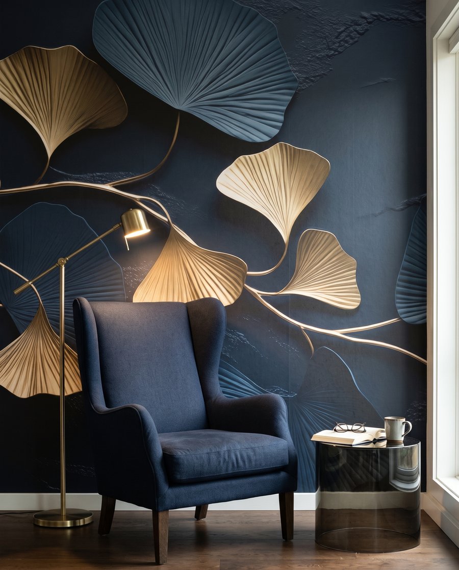 Leques dourados sobre azul-noite — interior 3