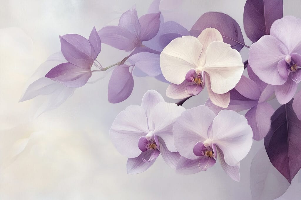 Orquídeas entre folhas roxas — design completo