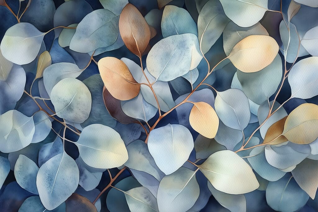 Folhas azuis com ocre — design completo