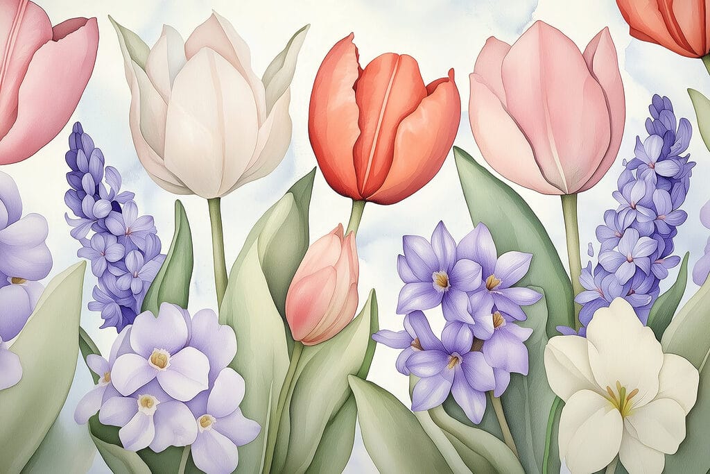 Tulipas entre flores roxas — design completo